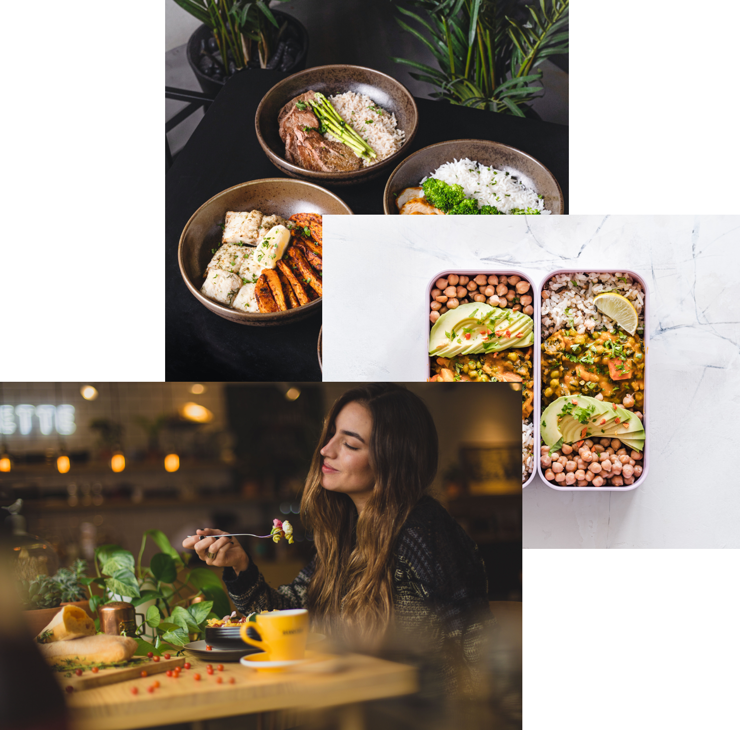 Woman enjoying food, meals in storage and food bowls on a table